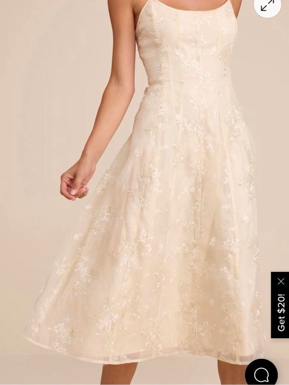 Lulu's Ivory Floral Lace Midi Dress with Adjustable Spaghetti Straps